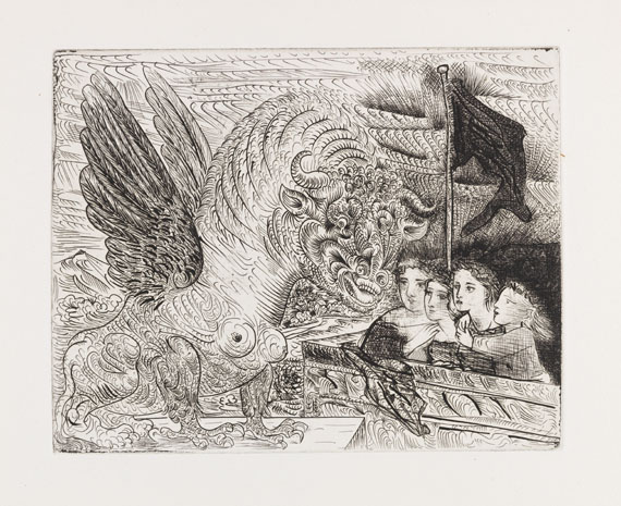 Pablo Picasso - Harpye à tête de taureau, et quatre petites filles sur une tour surmontée d