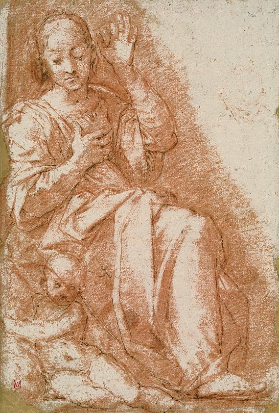  Florentinisch - Sitzende Maria mit dem Jesuskind zu ihren Füßen, daneben Skizze zu einem Kinderköpfchen