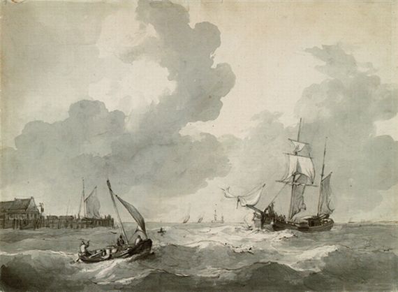 Johannes Christiaan Schotel - Zugeschrieben - Segelschiff und Boot in frischer Brise vor holländischer Küste