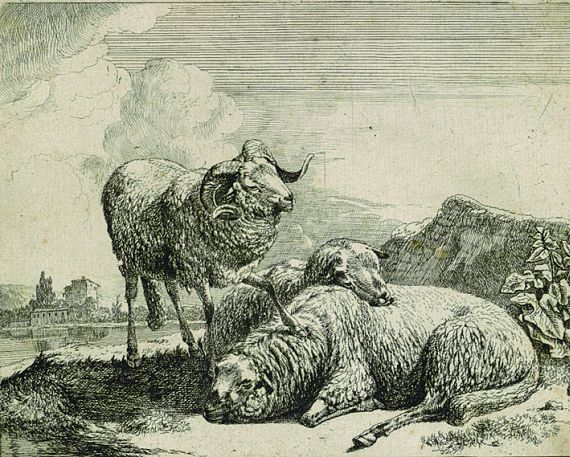 Johann Heinrich Roos - Schafbock links stehend mit einem Huf auf einem liegenden Schaf
