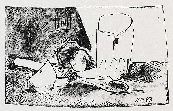 Pablo Picasso - 3 sheets: Pommes, Verre et Couteau. Le Couteau et la Pomme. La Petite Grappe