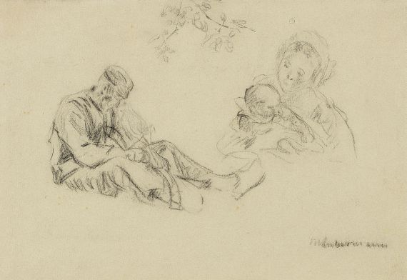 Max Liebermann - Skizzenblatt mit dengelndem Bauer und Frau mit Kind