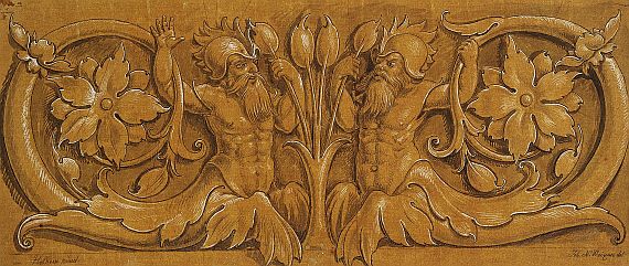 Johann Nepomuk Strixner - Ornamententwurf: Behelmte Mischwesen nach Hans Holbein d.J