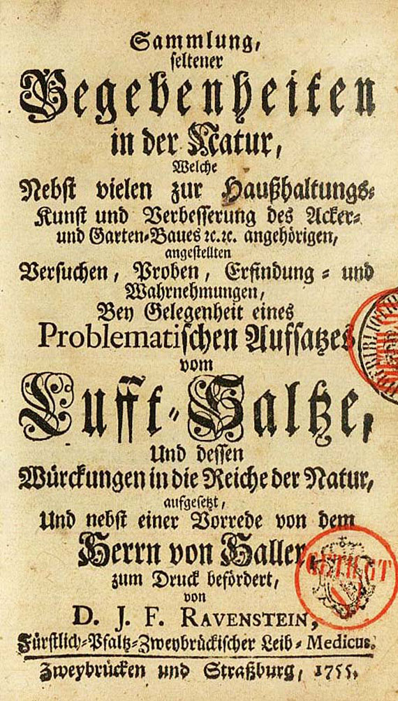 Johann Friedrich Ravenstein - Sammlung seltener Begebenheiten in der Natur. 1755.