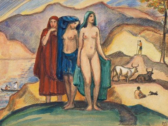 Ludwig von Hofmann - Drei Frauen auf einer Anhöhe in hügeliger Landschaft
