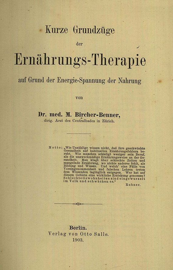 Max Bircher-Brenner - Ernährungs-Therapie. 1903