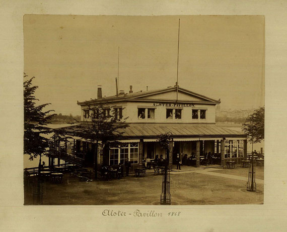 Alster - 4 Fotos (An der Alster / Alsterdamm / 2x Alsterpavillon). 1868-76