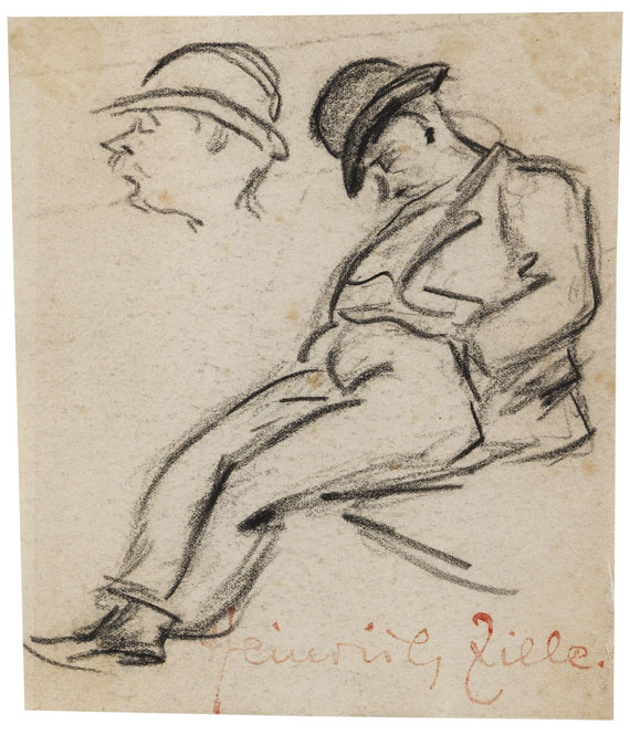 Heinrich Zille - Schlafender, auf einer Bank sitzend, daneben Kopfstudie
