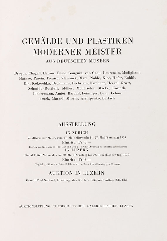   - Auktionskatalog, Gemälde und Plastiken moderner Meister aus deutschen Museen. 1939. - Autre image