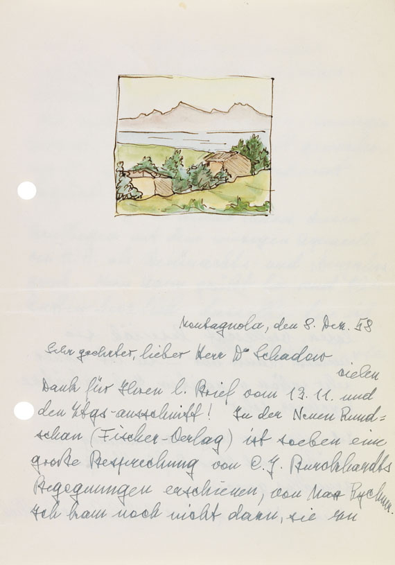 Hermann Hesse - Aquarell auf Brief von Ninon Hesse (gelocht). 1958 - Autre image