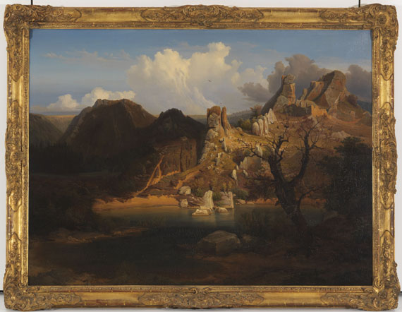 Carl Dahl - Landschaft mit schroffer Felsenpartie und Bergsee - Image du cadre