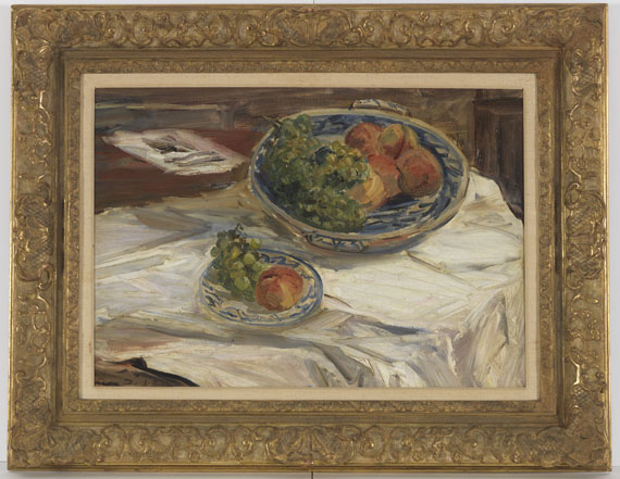 Otto Dill - Stillleben mit Obstschale auf weißem Tuch - Image du cadre