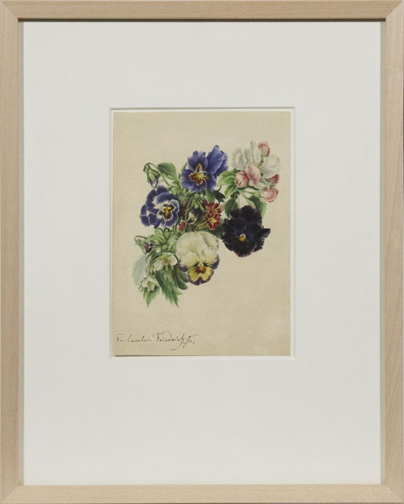 Caroline Therese Friedrich - Kleiner Strauß mit Stiefmütterchen, Apfelblüten und Primeln - Image du cadre