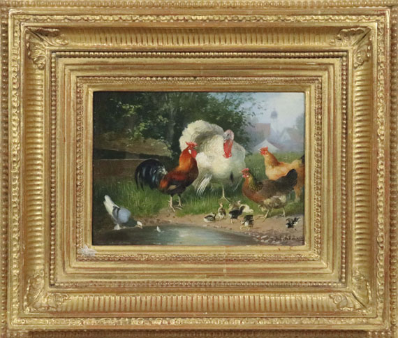 Julius Scheuerer - Truthahn, Hahn, Hühner, Küken und Taube an der Tränke - Image du cadre