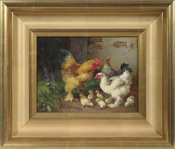 Julius Scheuerer - Hahn, Hühner und Küken vor dem Stall auf der Wiese - Image du cadre