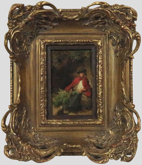Carl Spitzweg - Sitzendes Mädchen mit rotem Umhang, einen Hasen vor sich - Image du cadre