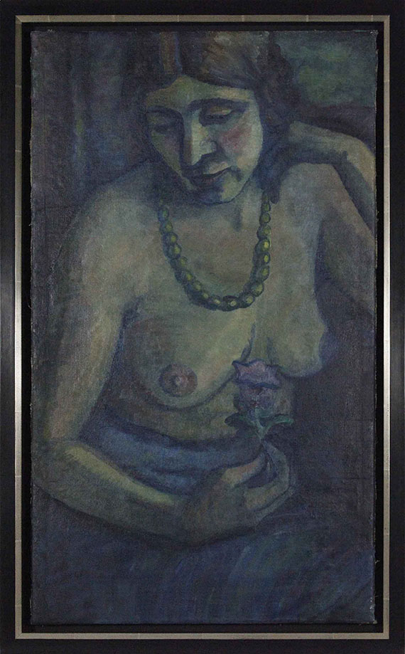 Dorothea Maetzel-Johannsen - Selbstporträt in Blau (Halbakt mit Perlenkette) - Image du cadre