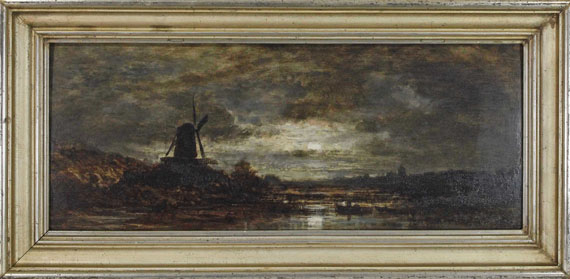 Eduard Schleich d. Ä. - Holländische Flusslandschaft mit Mühle bei Mondschein - Image du cadre