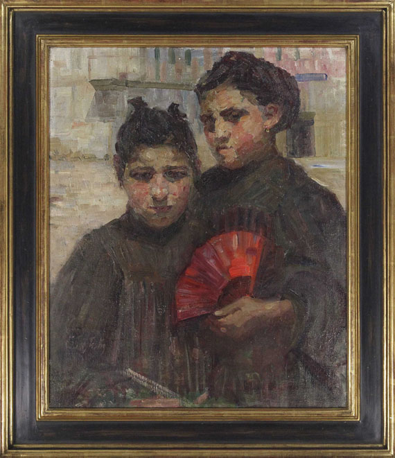 Gertraud Rostosky - Porträt zweier Mädchen mit kirschrotem Fächer - Image du cadre