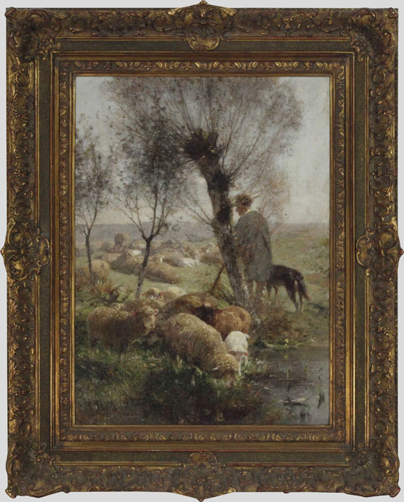 Heinrich von Zügel - Schäfer mit Hund und Herde unter Weidenbäumen am Wasser - Image du cadre