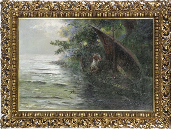 Hans Thoma - Auf der Jagd (Geistlicher im Ruderboot, am Seeufer Enten auflauernd) - Image du cadre