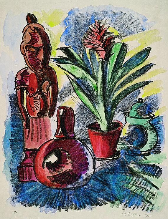 Hermann Max Pechstein - Stilleben mit Holzfigur und Amaryllis