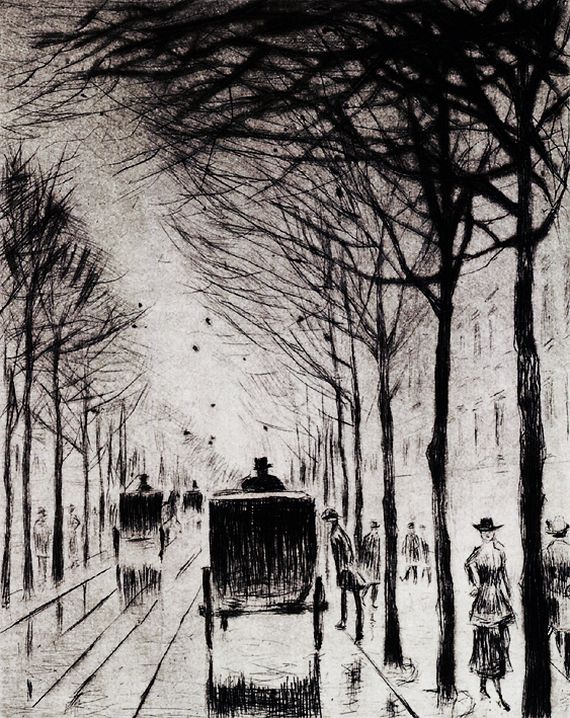 Lesser Ury - 4 Bll.: Allee in Berlin. Zeitungsleser. Holländische Mühle. Straßenszene in Berlin