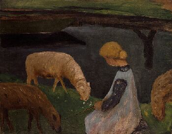 Paula Modersohn-Becker - Sitzendes Mädchen mit Schafen am Weiher I