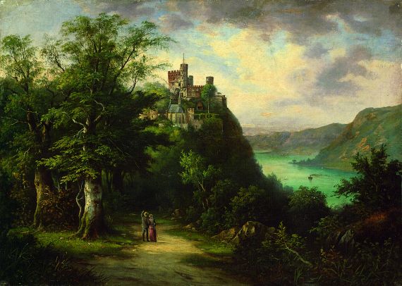 Deutscher Biedermeiermaler - Burg mit Rheinblick ("Rheinstein")