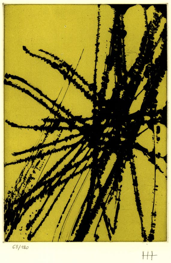 Hans Hartung - 3 Bll.: Komposition L 22. Komposition Braun/Schwarz. Hommage à Olivier Messiaen