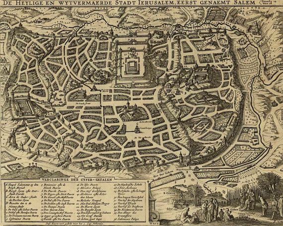 Niederlande - Karte von Palästina und Planansicht von Jerusalem.