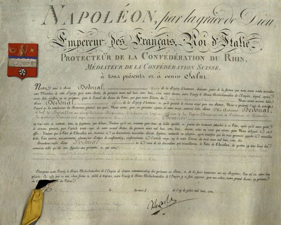 Napoléon - Pergamenturkunde Napoleon mit Siegel in Metallkoppel - 1813