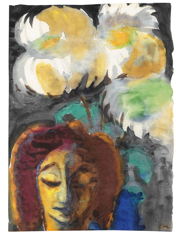 Emil Nolde - Mädchenkopf mit Chrysanthemen