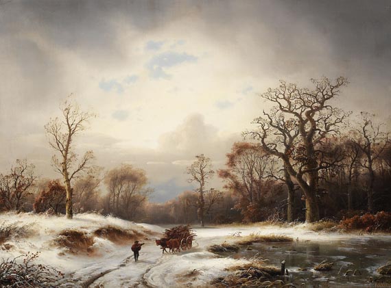 Carl Ludwig Scheins - Winterlandschaft. Verschneite Waldlichtung mit zugefrorenem Altwasser