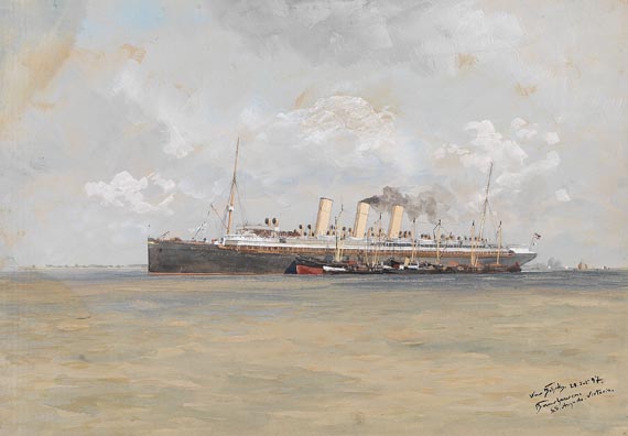 Hans Bohrdt - Schnelldampfer "Auguste Victoria" der HAPAG auf der Elbe vor Brunshausen