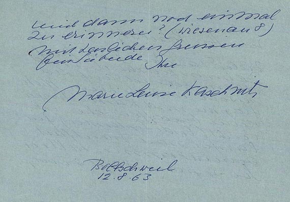 Marie Luise Kaschnitz - 1 Bl. handschrifltich, an Herrn Petzoldt, 1963.