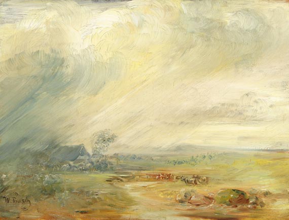 Wilhelm Busch - Große Gewitterlandschaft mit Bauernhaus, Kühen und Flusslauf