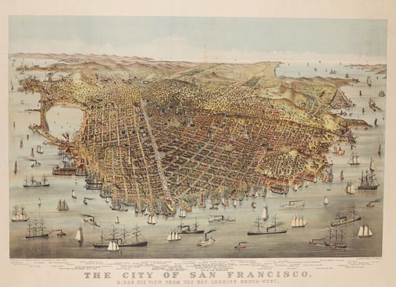  Amerika - The city of San Francisco. Birds eye view from the bay looking south-west.