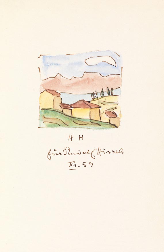 Hermann Hesse - Bericht an die Freunde (51). Mit Orig.-Aquarell. - Dabei: 4 Autographen (47, 48, 49, 52) + Wanderung (50). 1960