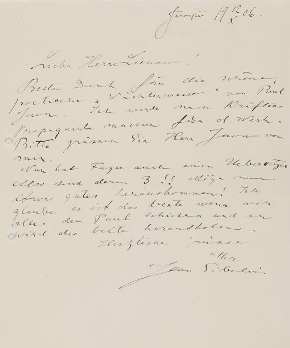 Jean Sibelius - 5 eigenh. Briefe an Lienau (1905-1097)
