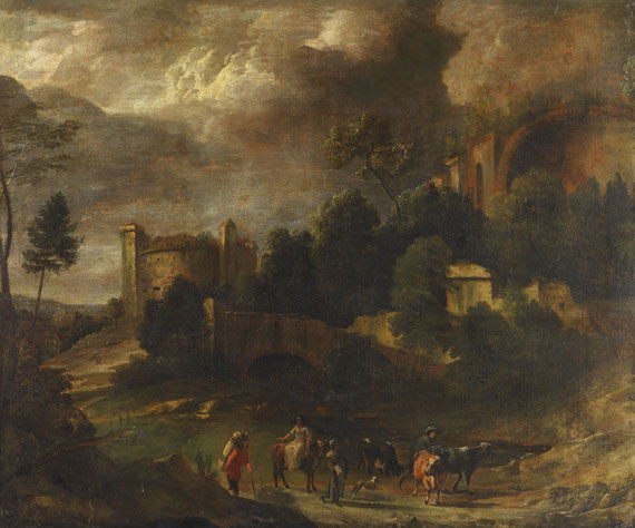 Nicolaes Claes Pietersz. Berchem - Umkreis - Italianisierende Landschaft mit Wanderer und Kuhhirten