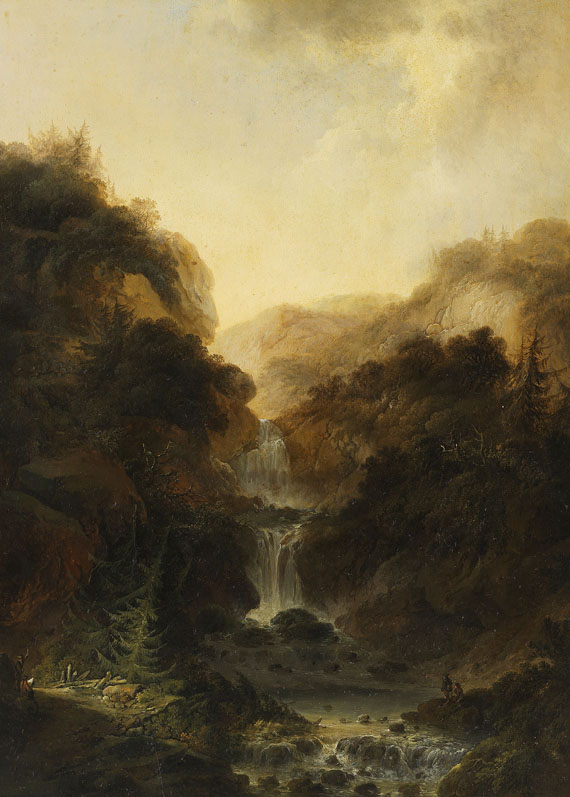 Heinrich Wüest - Gemäldepaar: Ideale Gebirgslandschaften mit Wasserfall und Zeichnern - Autre image