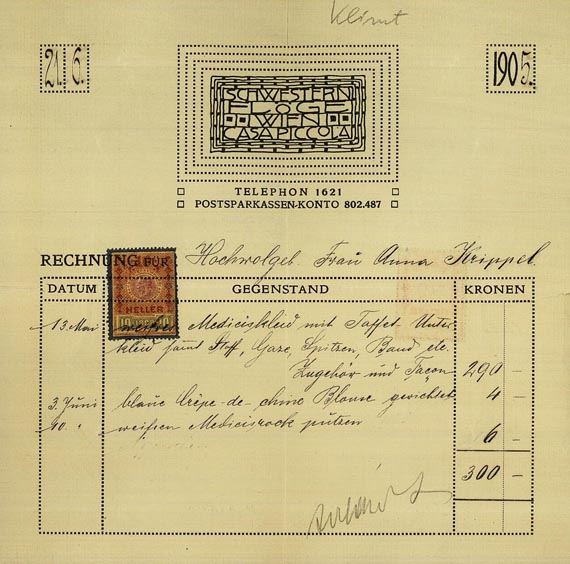 Emilie Flöge - Orig. Rechnung mit Briefkopf von Klimt. 1905
