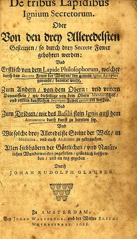  Alchemie und Okkulta - Glauber, J. R., De tribus lapidibus. 1668