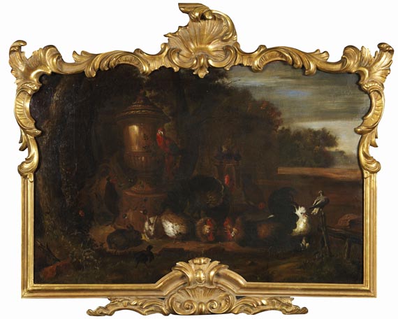 Gysbert Gillisz. Hondecoeter - Zugeschrieben - Geflügelhof mit Kaninchen und Papagei vor abendlicher Landschaft