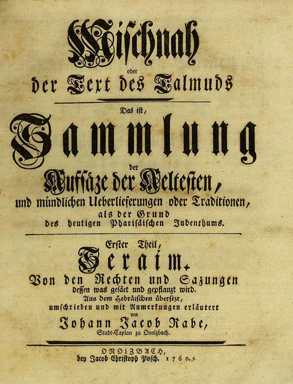  Judaica - Rabe, Johann Jacob, Mischnah oder der Text des Talmunds (1761).