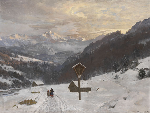 Anders Andersen-Lundby - Winterliche Gebirgslandschaft mit Marterl