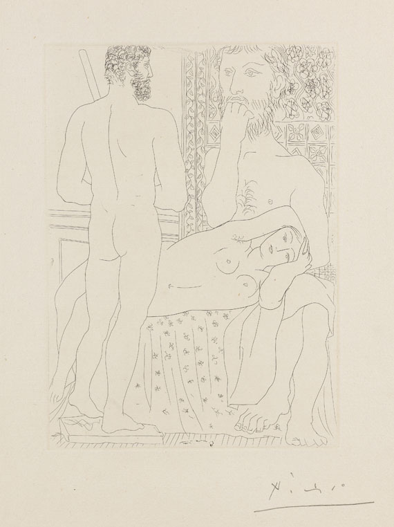Pablo Picasso - Sculpteur, modèle couché et autoportrait en Hercule sculpté