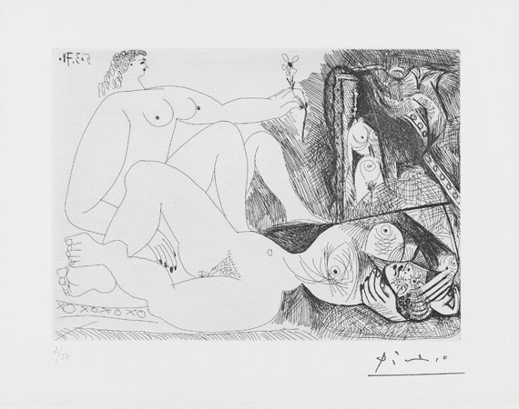 Pablo Picasso - Femmes entre elles, dont une avec une fleur, et tableau drapé