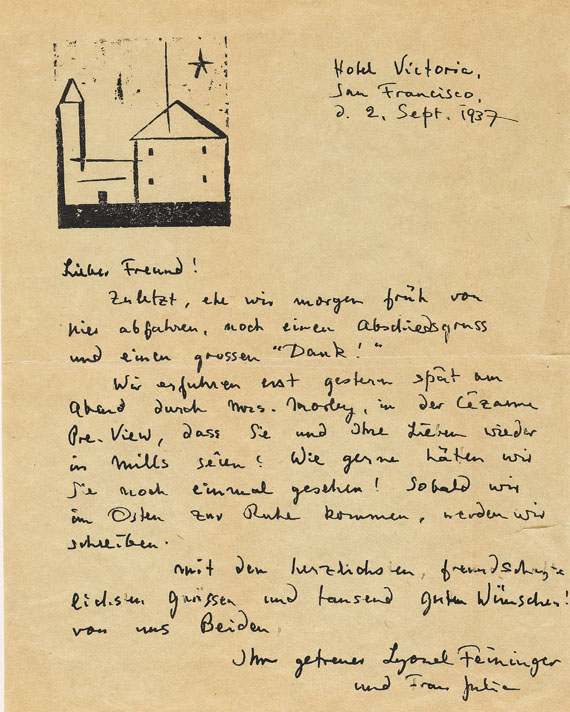 Lyonel Feininger - Eigh. Brief m. U. u. Orig.-Holzschnitt. 1937.